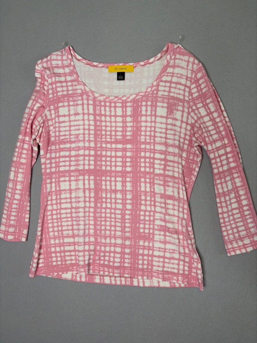 St. John 3/4 Sleeve Pink Plaid Top Size M Rayon Feminine Casual